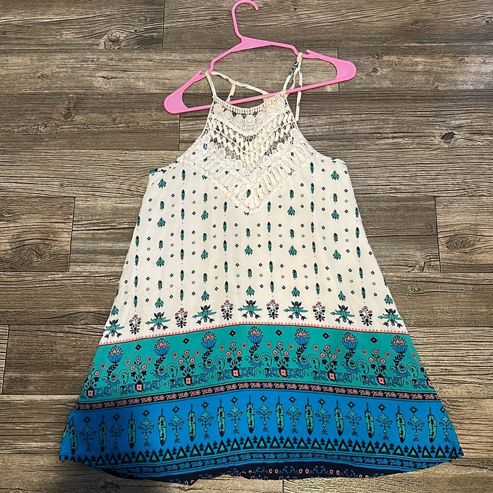 Teal, aqua and white flower design dress